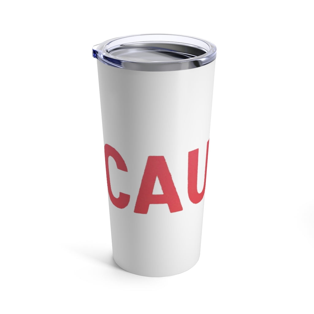 Caution Tumbler 20oz in stainless steel with a see-thru plastic lid, showcasing its sleek design and rounded corners.