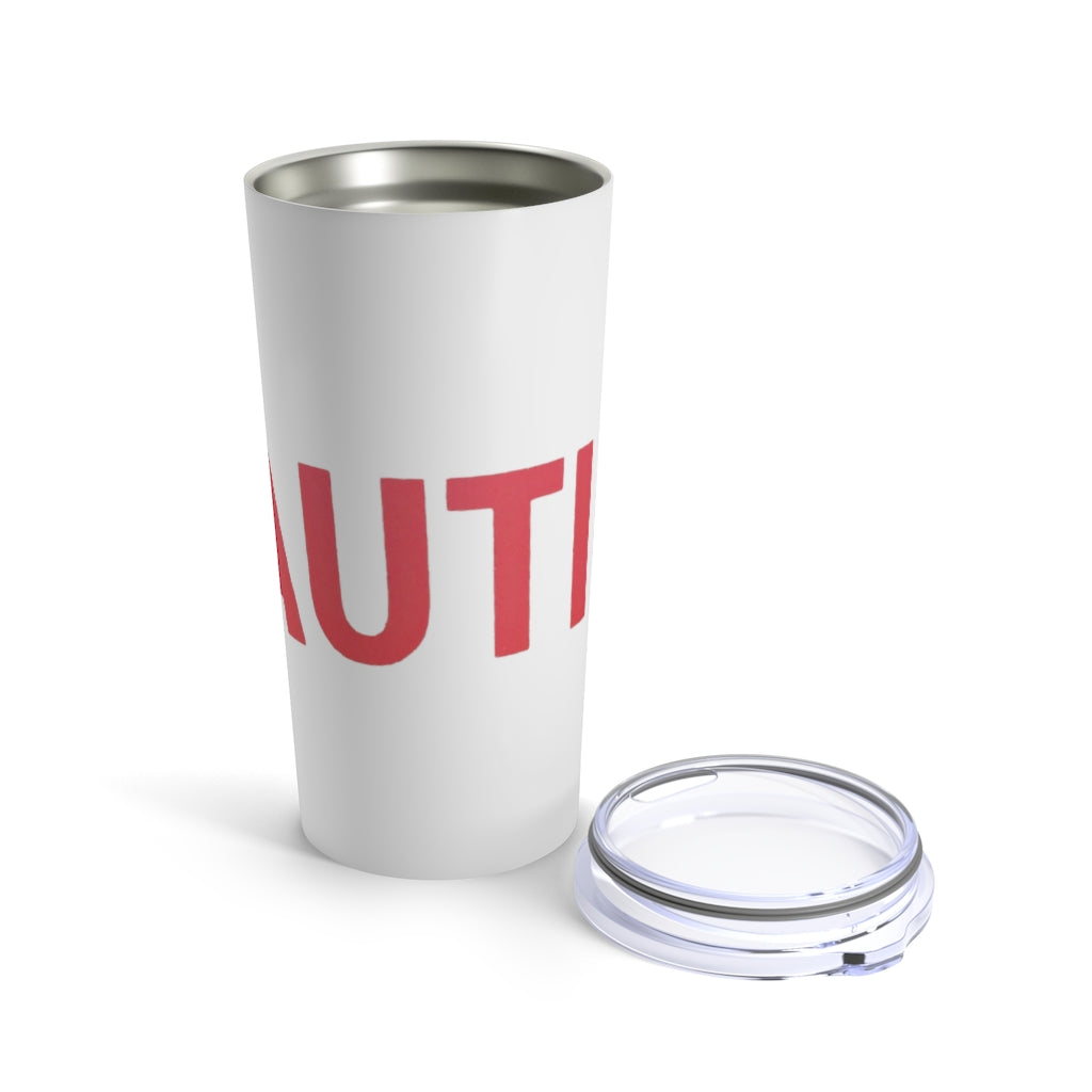 Caution Tumbler 20oz in stainless steel with a see-thru plastic lid, showcasing its sleek design and rounded corners.