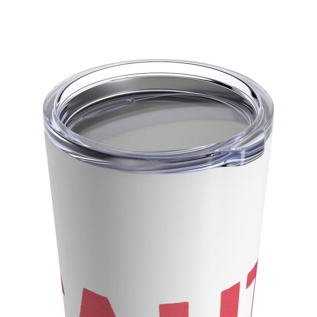 Caution Tumbler 20oz in stainless steel with a see-thru plastic lid, showcasing its sleek design and rounded corners.