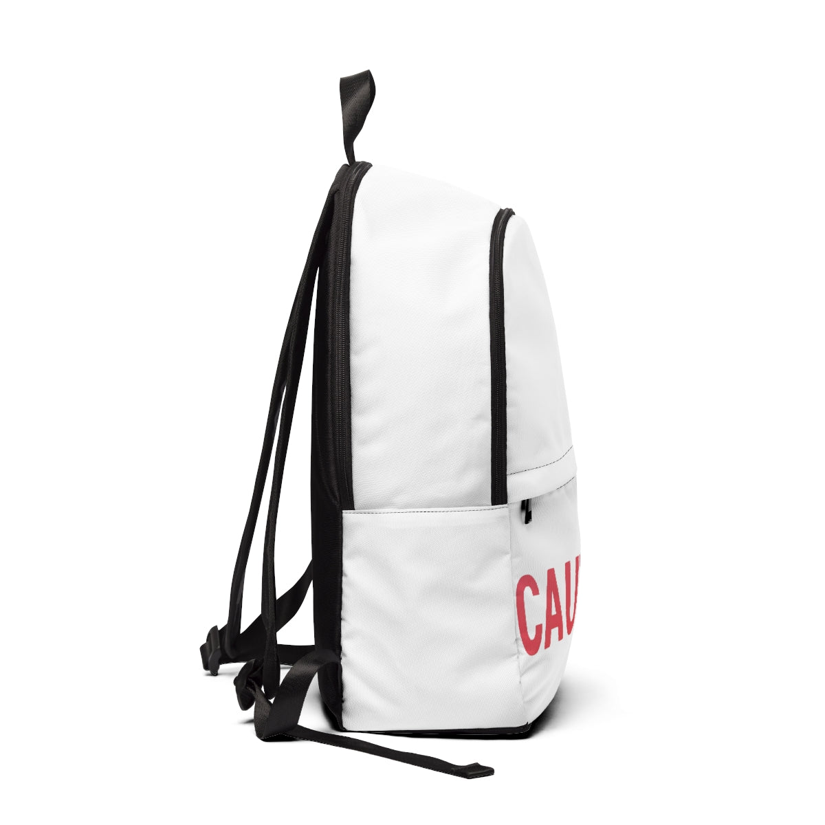 Caution Unisex Fabric Backpack in soft nylon, featuring adjustable straps and a padded back panel, ideal for school and outdoor use.