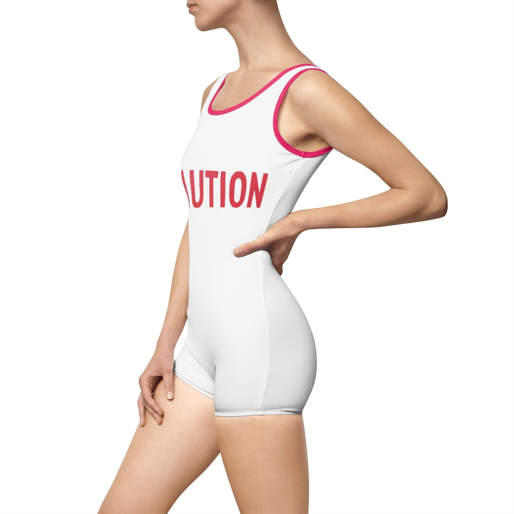 Caution Women's Vintage Swimsuit featuring a deep U-shape neck cut, customizable design, and elastic strap edges in a stylish one-piece format.