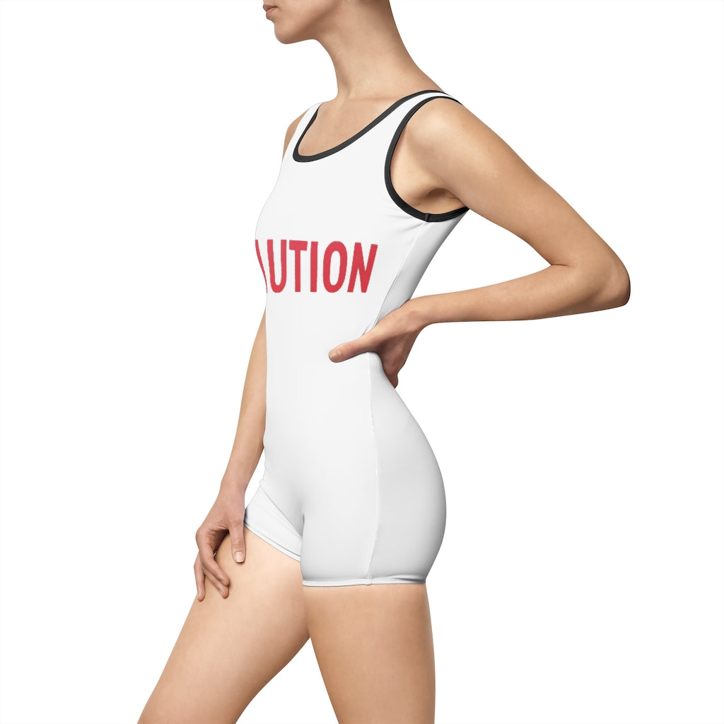 Caution Women's Vintage Swimsuit featuring a deep U-shape neck cut, customizable design, and elastic strap edges in a stylish one-piece format.