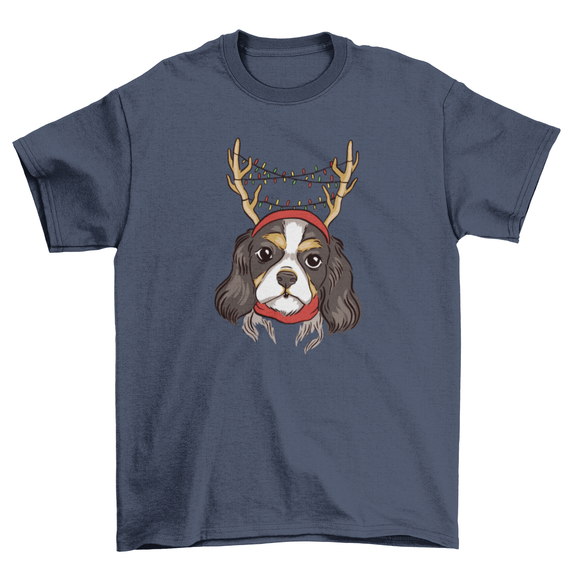 Cavalier dog wearing festive reindeer antlers on a t-shirt design.