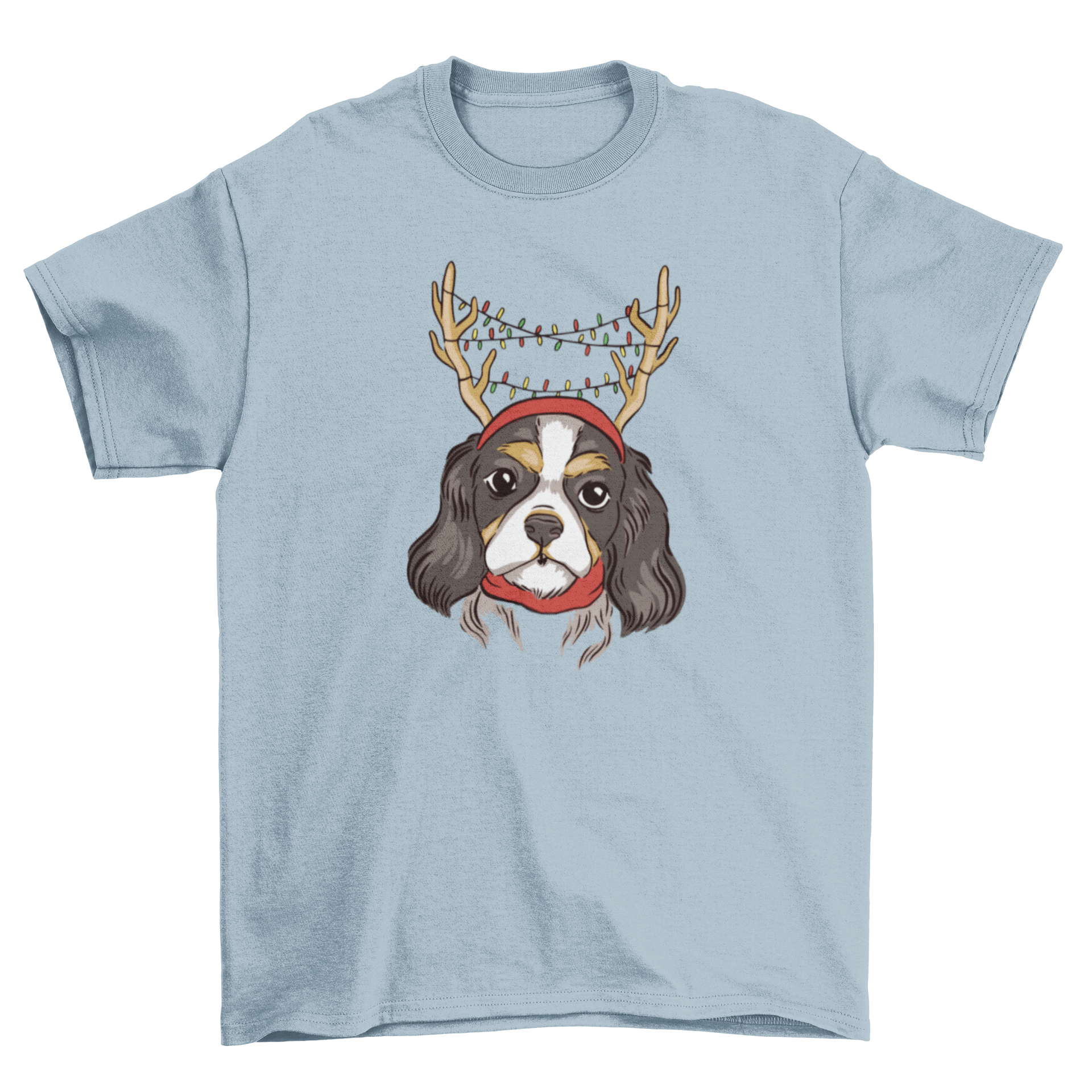 Cavalier dog wearing festive reindeer antlers on a t-shirt design.