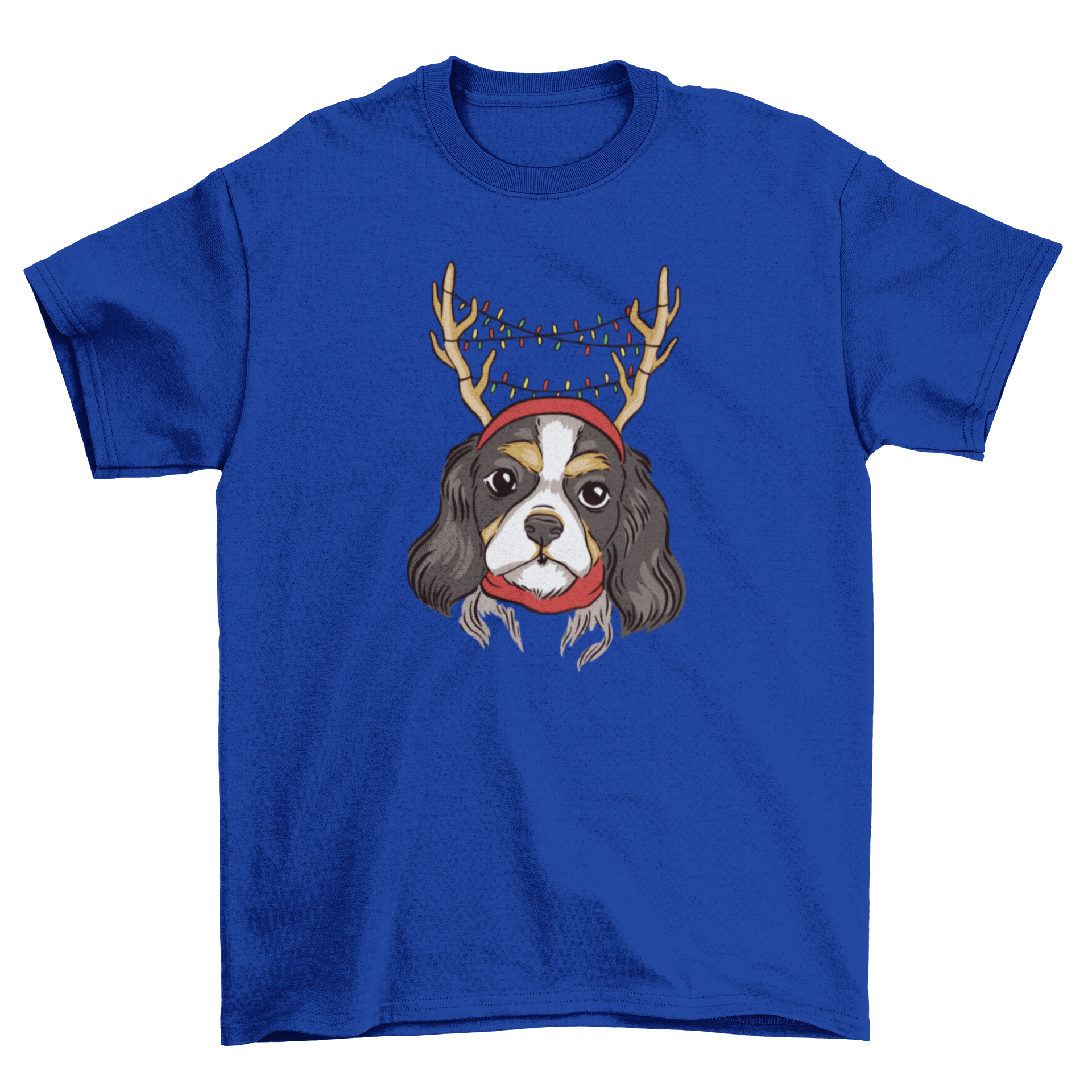 Cavalier dog wearing festive reindeer antlers on a t-shirt design.