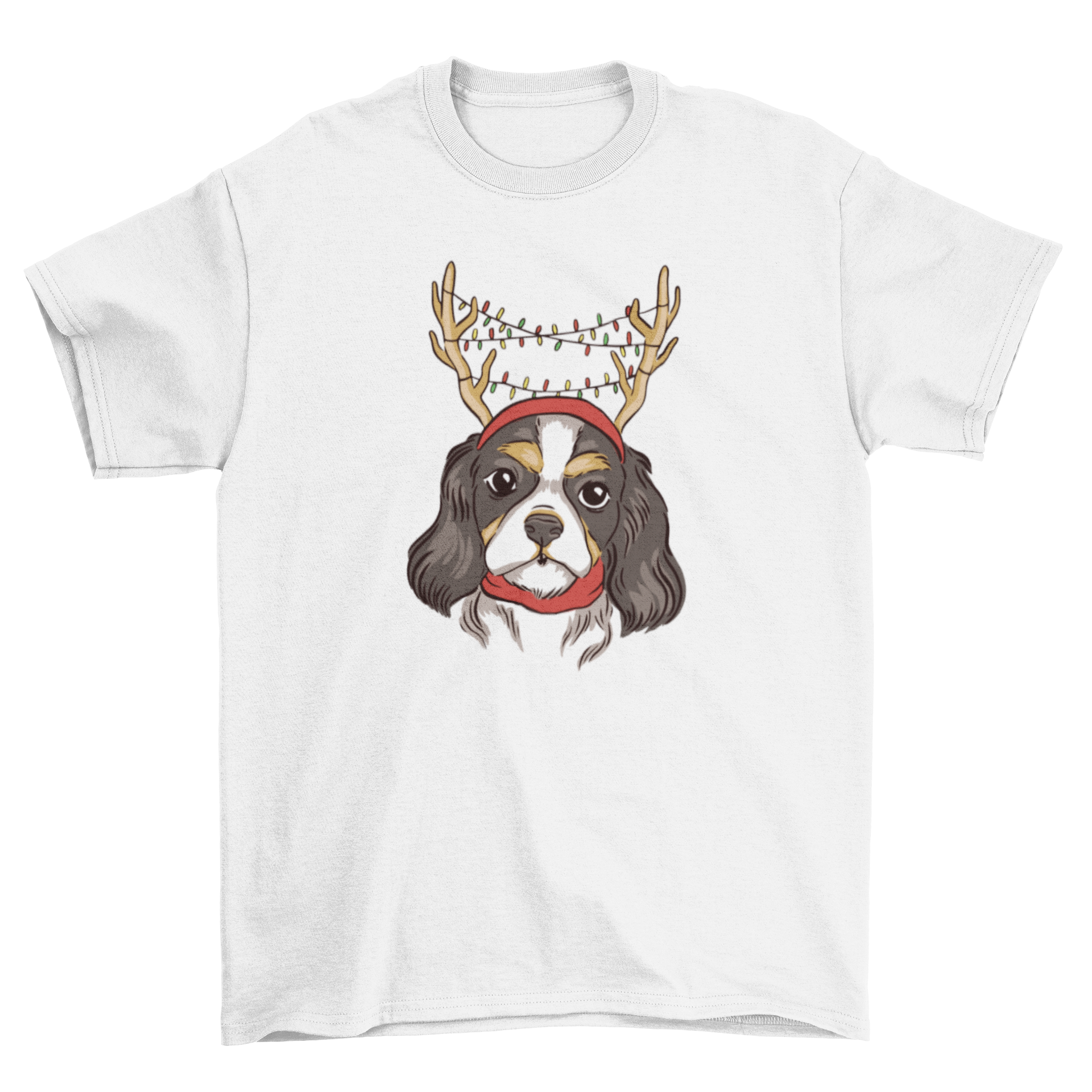 Cavalier dog wearing festive reindeer antlers on a t-shirt design.