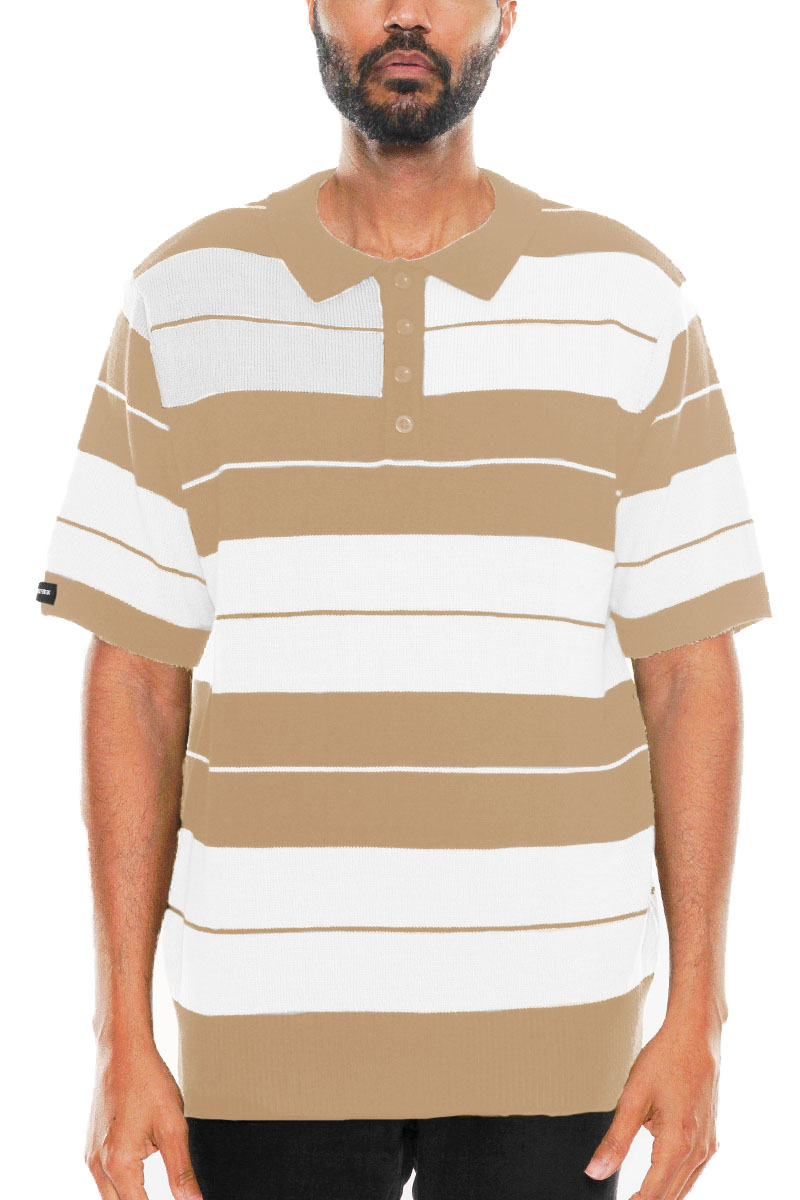 CB Striped Knit Polo featuring classic Charlie Brown stripes in a stylish design, made from 100% acrylic.