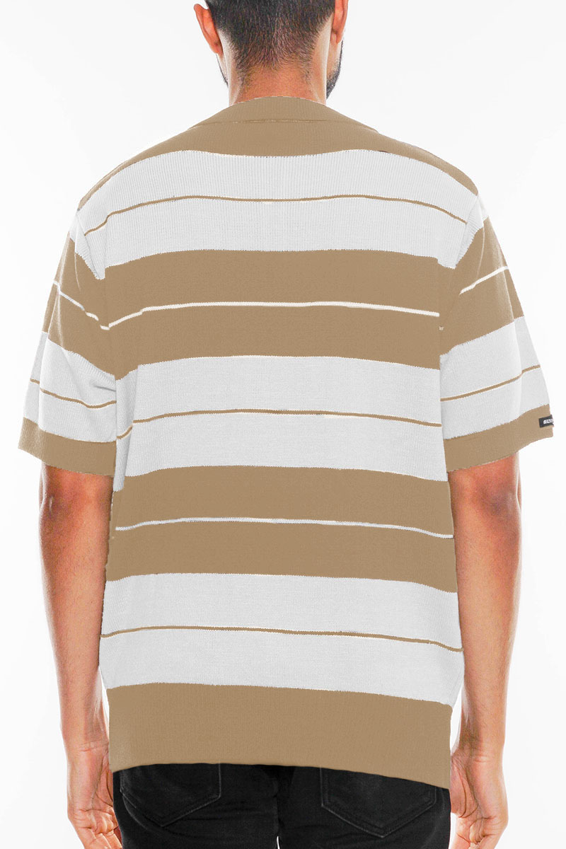 CB Striped Knit Polo featuring classic Charlie Brown stripes in a stylish design, made from 100% acrylic.