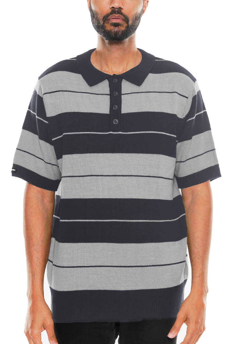 CB Striped Knit Polo featuring classic stripes and a comfortable fit, made from 100% acrylic.