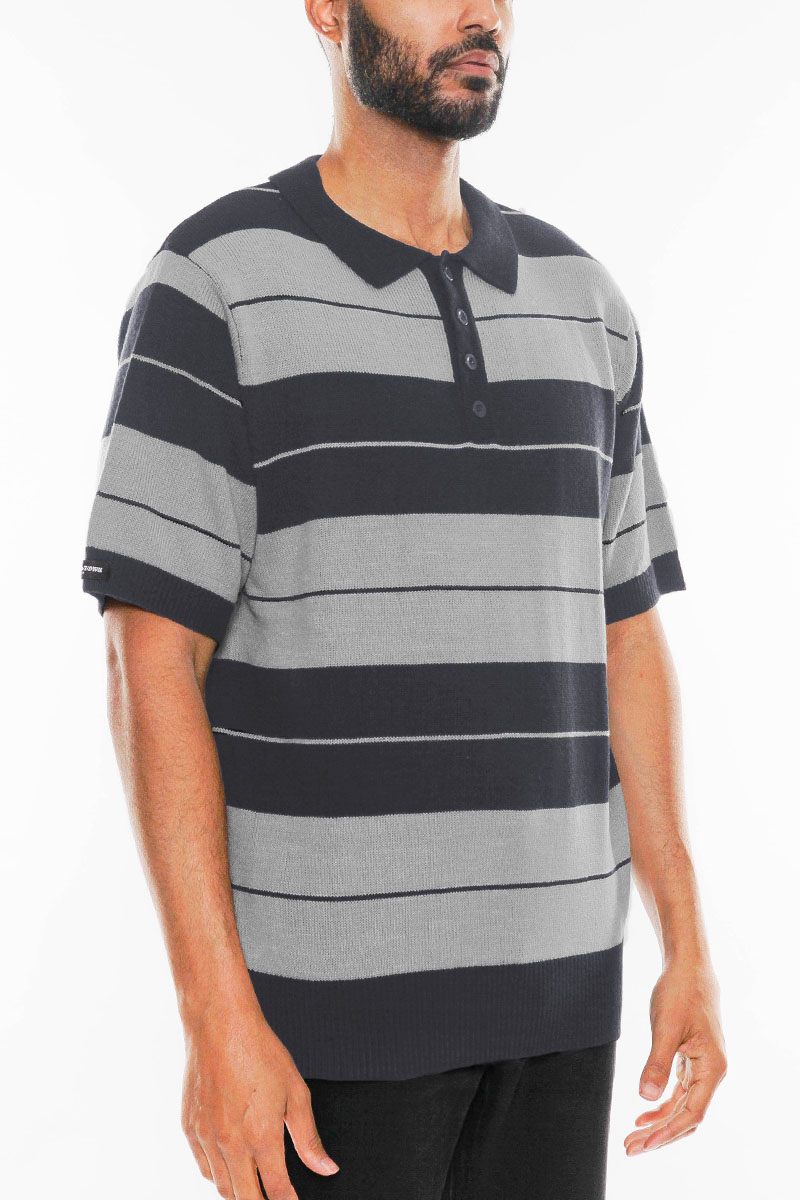 CB Striped Knit Polo featuring classic stripes and a comfortable fit, made from 100% acrylic.