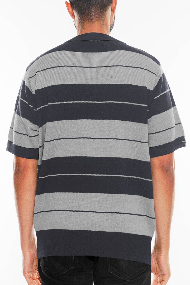 CB Striped Knit Polo featuring classic stripes and a comfortable fit, made from 100% acrylic.