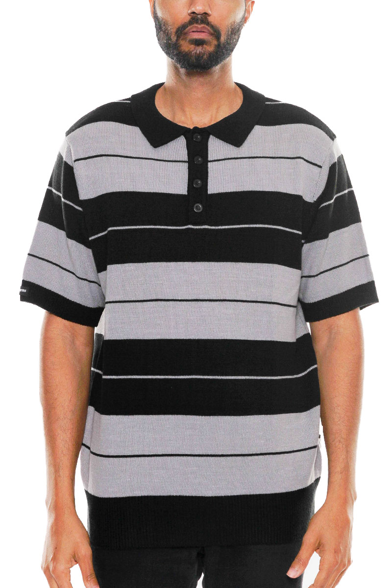 CB Striped Knit Polo featuring classic stripes and a comfortable fit, made from 100% acrylic.