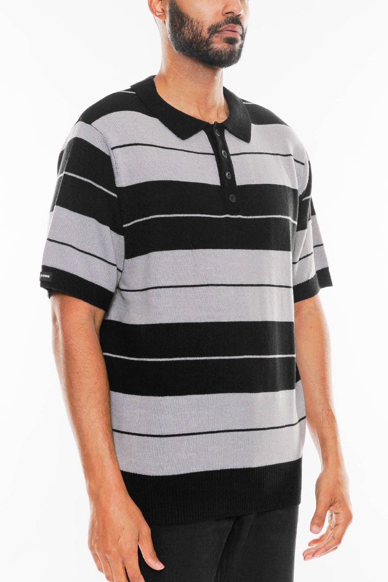 CB Striped Knit Polo featuring classic stripes and a comfortable fit, made from 100% acrylic.