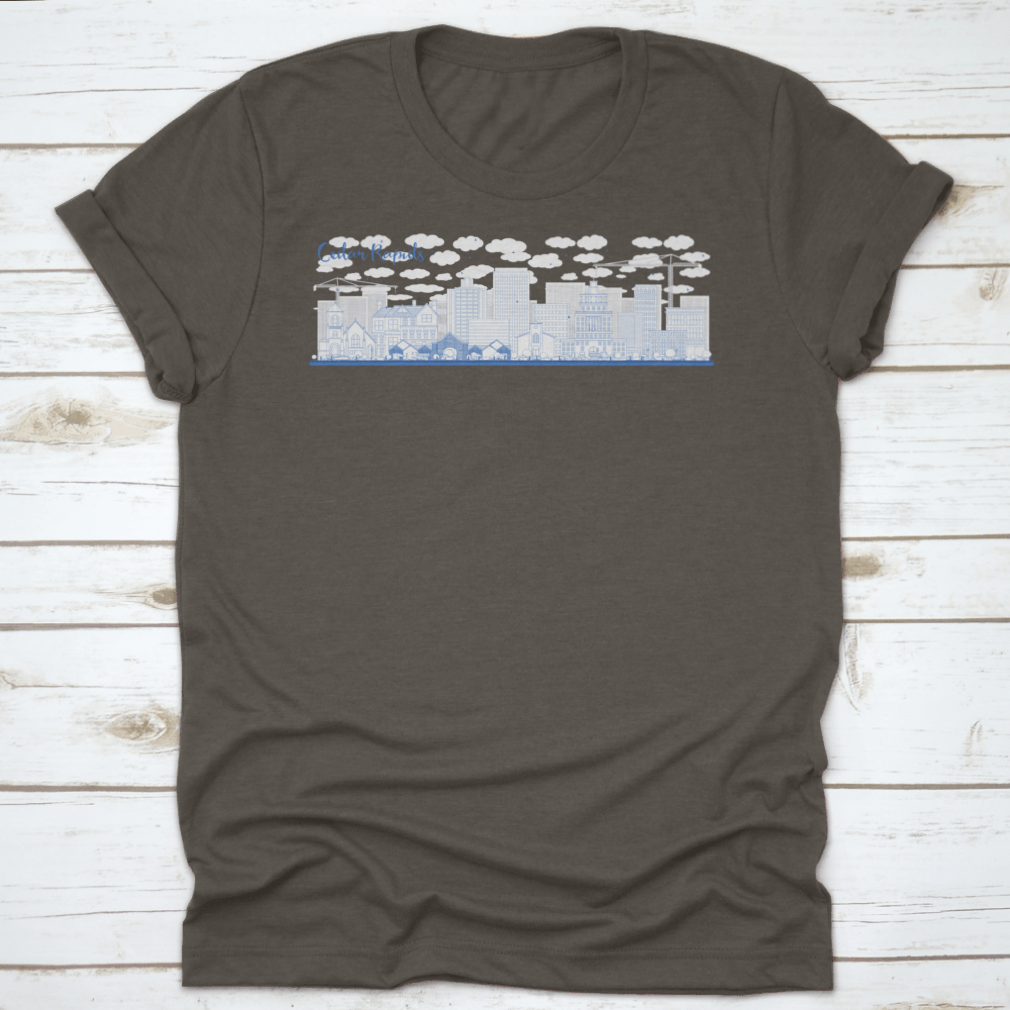 Cedar Rapids Iowa Skyline featuring blue buildings, ideal for business travel apparel.