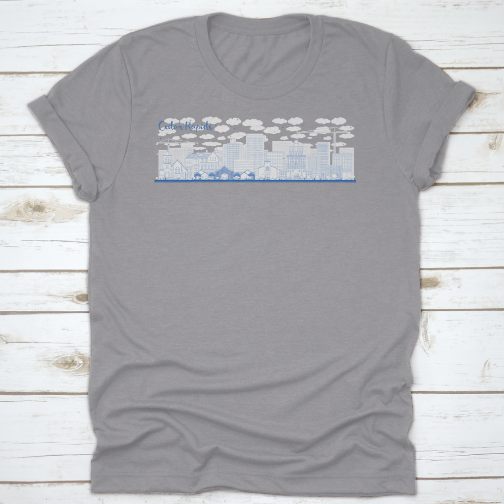 Cedar Rapids Iowa Skyline featuring blue buildings, ideal for business travel apparel.