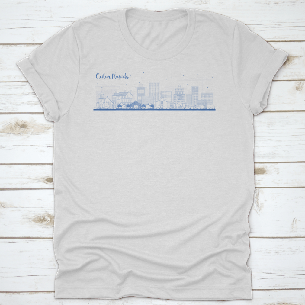 Cedar Rapids Iowa Skyline featuring blue buildings, ideal for business travel apparel.