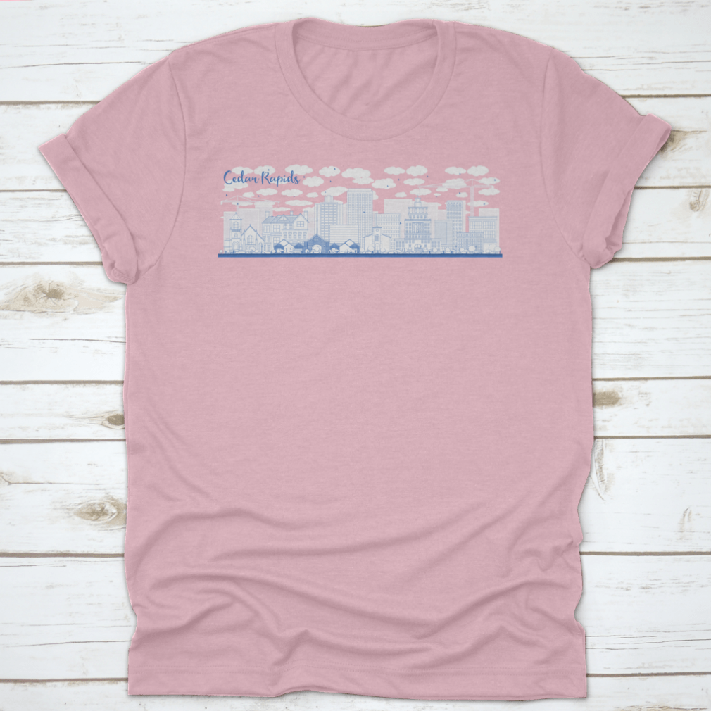 Cedar Rapids Iowa Skyline featuring blue buildings, ideal for business travel apparel.