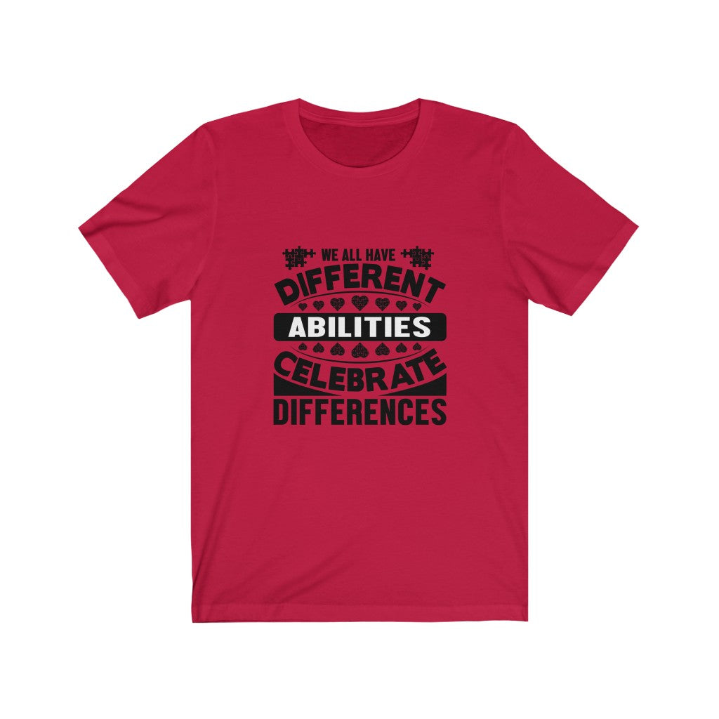 Celebrate Differences Autism T-Shirt featuring a vibrant vinyl print on soft cotton fabric, designed for unisex wear.