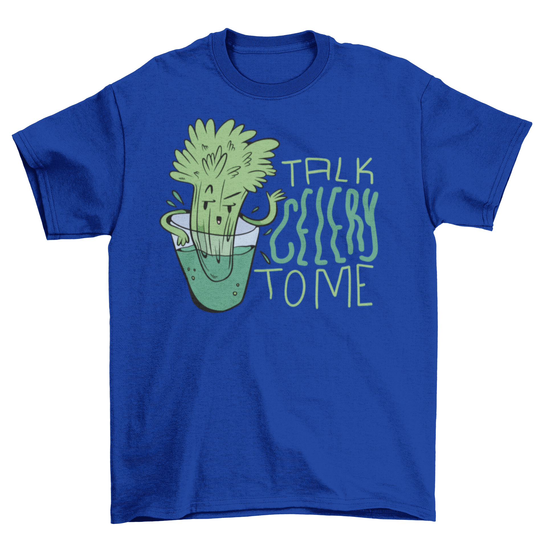 A fun cartoon t-shirt featuring a celery stalk in a glass with the quote 'Talk celery to me'.