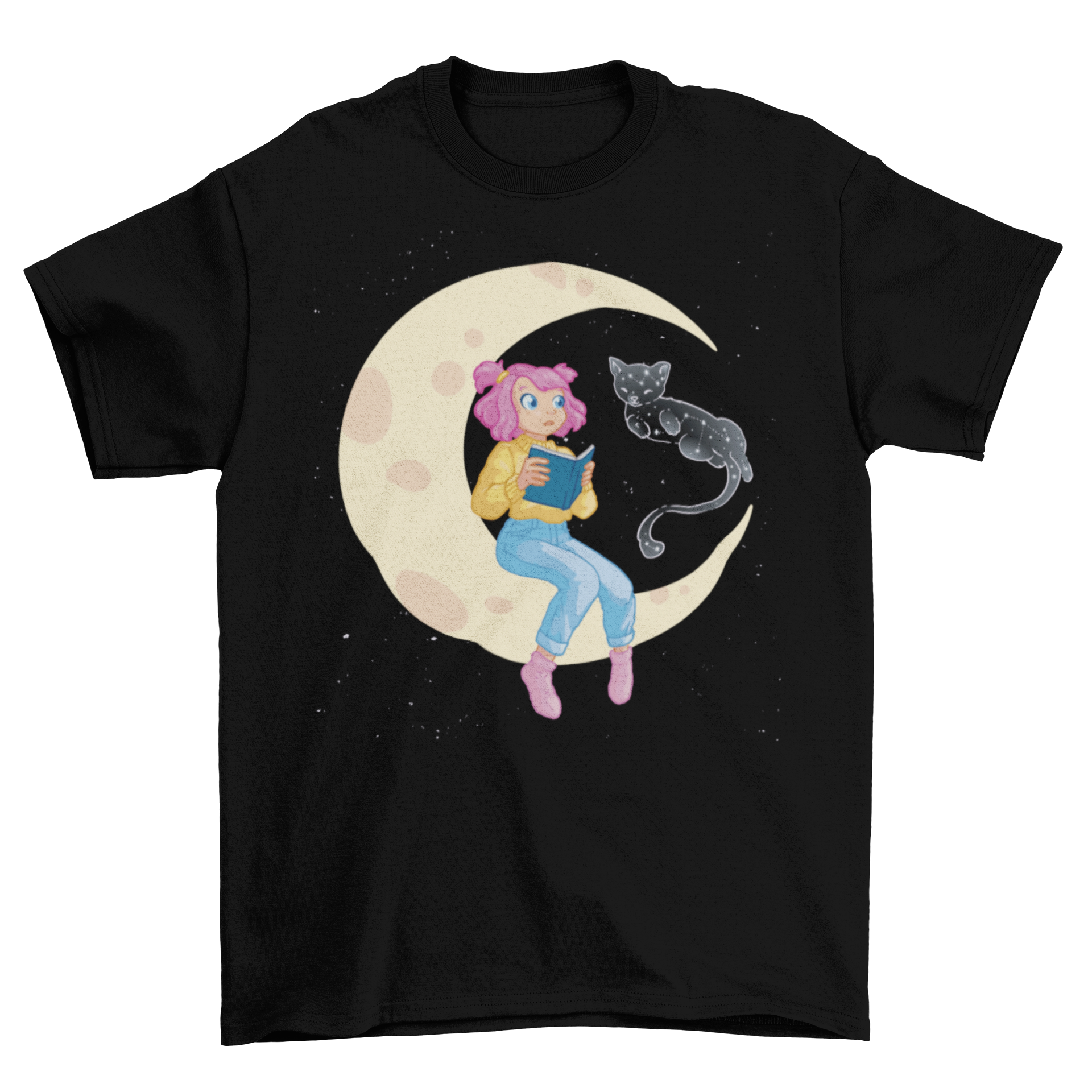 A whimsical t-shirt featuring a girl reading on the moon with a celestial cat made of stars.