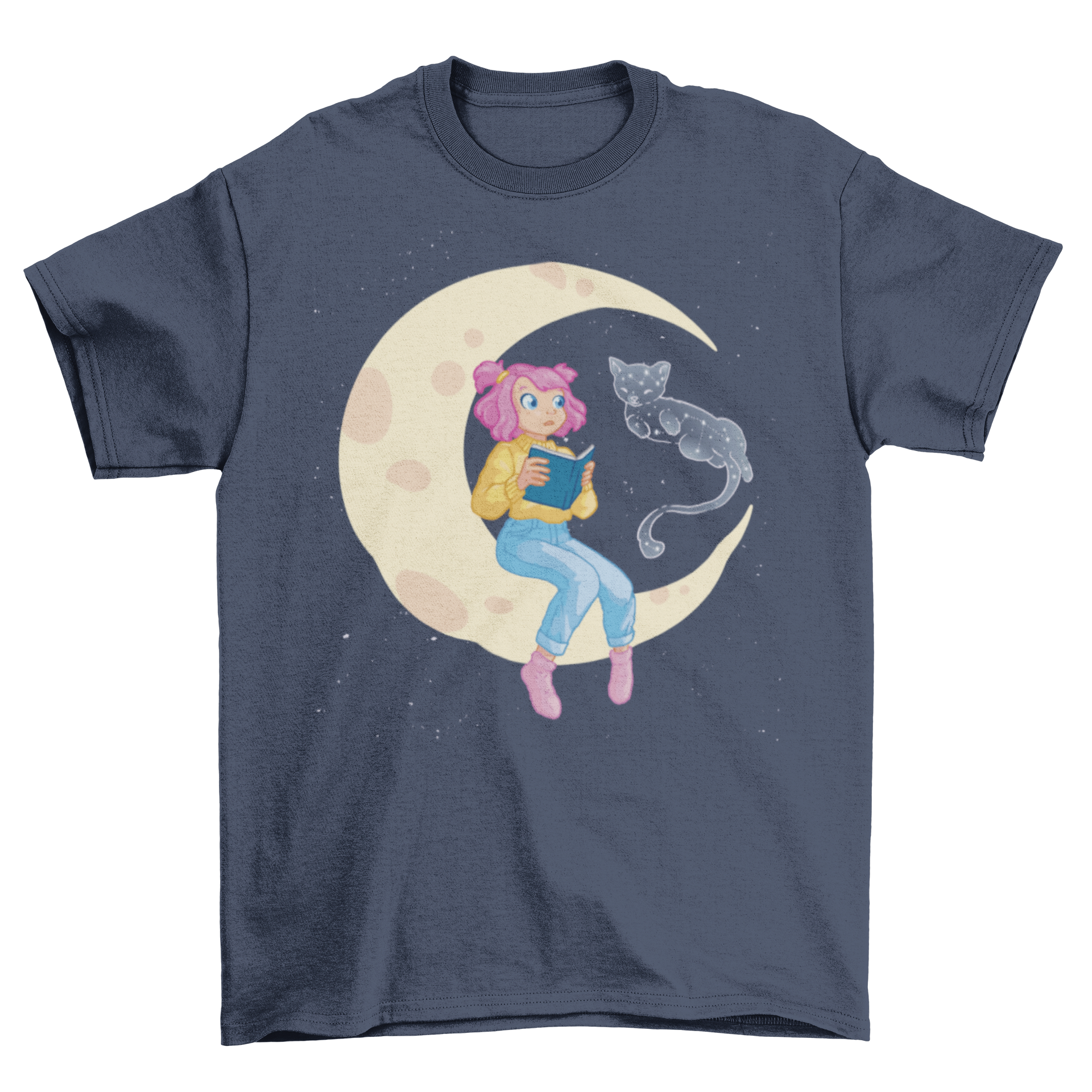 A whimsical t-shirt featuring a girl reading on the moon with a celestial cat made of stars.