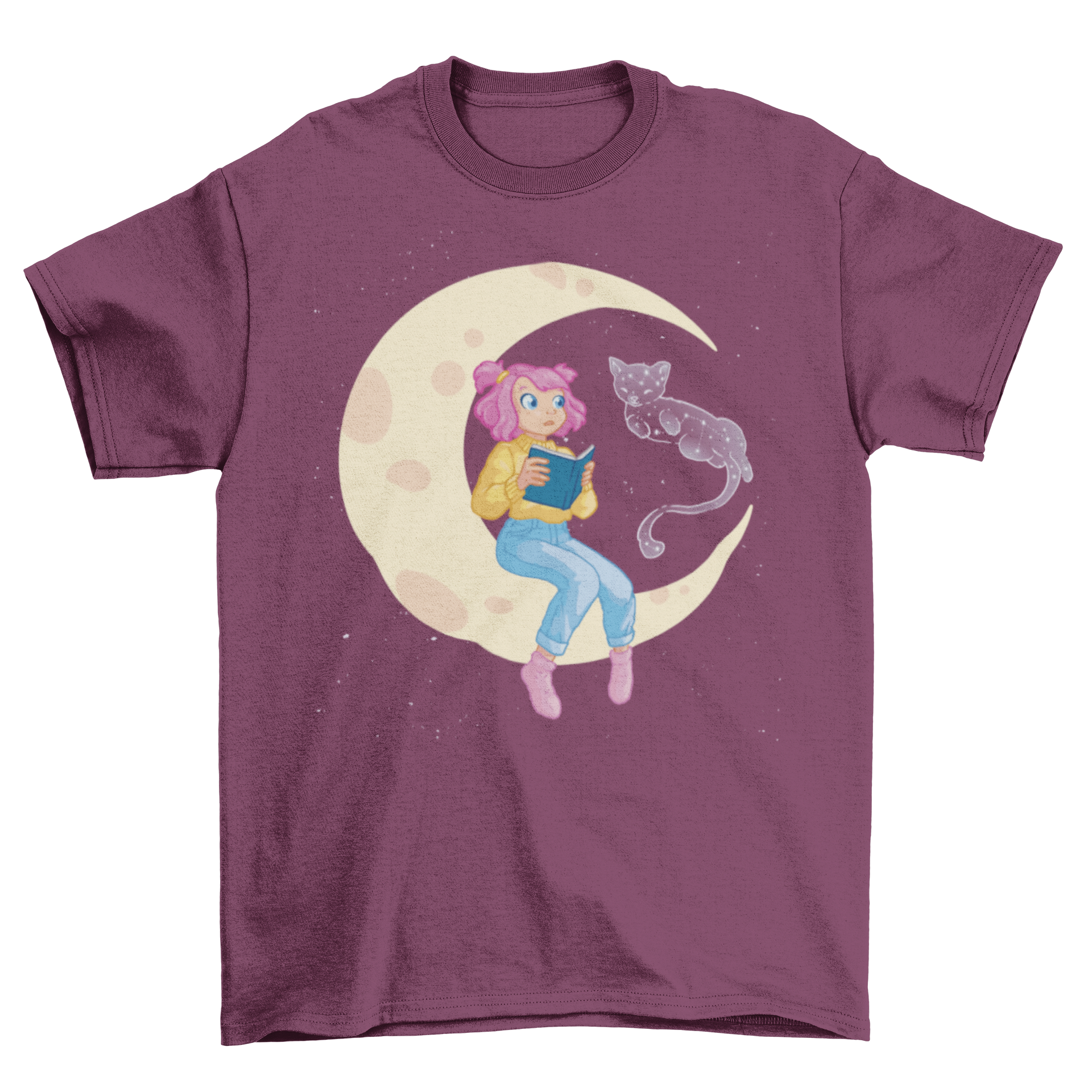 A whimsical t-shirt featuring a girl reading on the moon with a celestial cat made of stars.