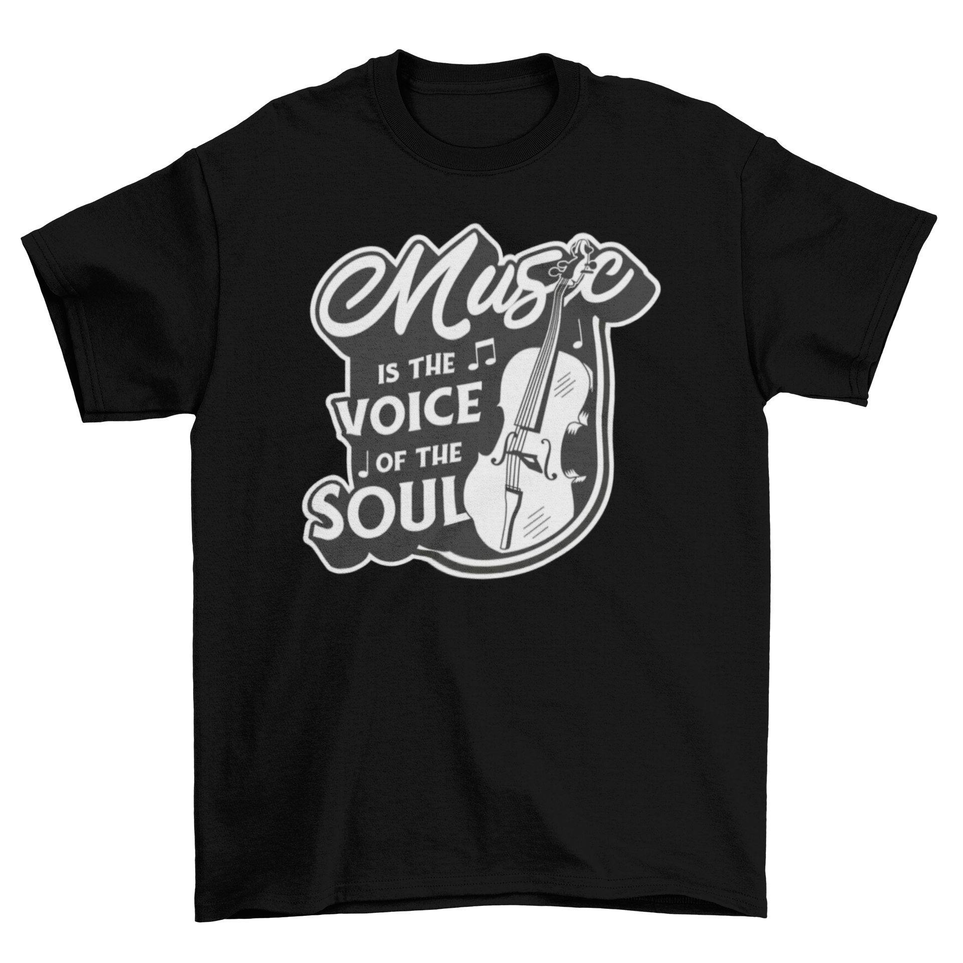 A stylish t-shirt featuring a cello graphic and the quote 'Music is the voice of the soul'.