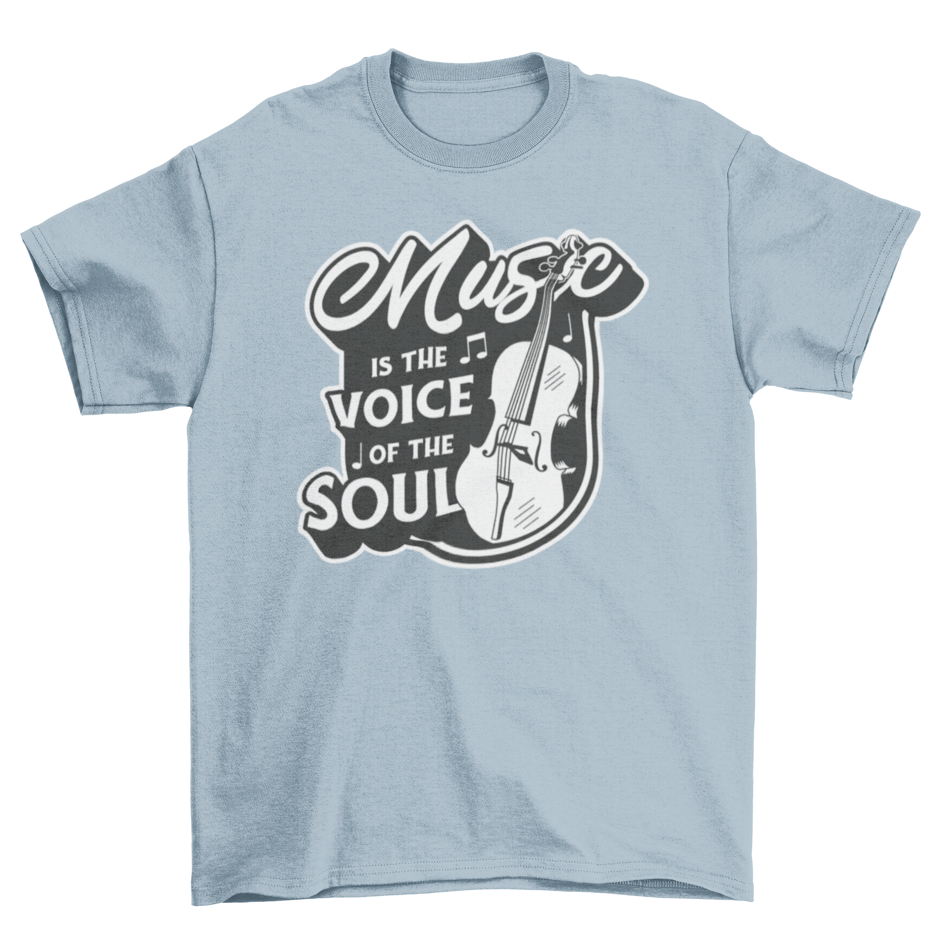 A stylish t-shirt featuring a cello graphic and the quote 'Music is the voice of the soul'.