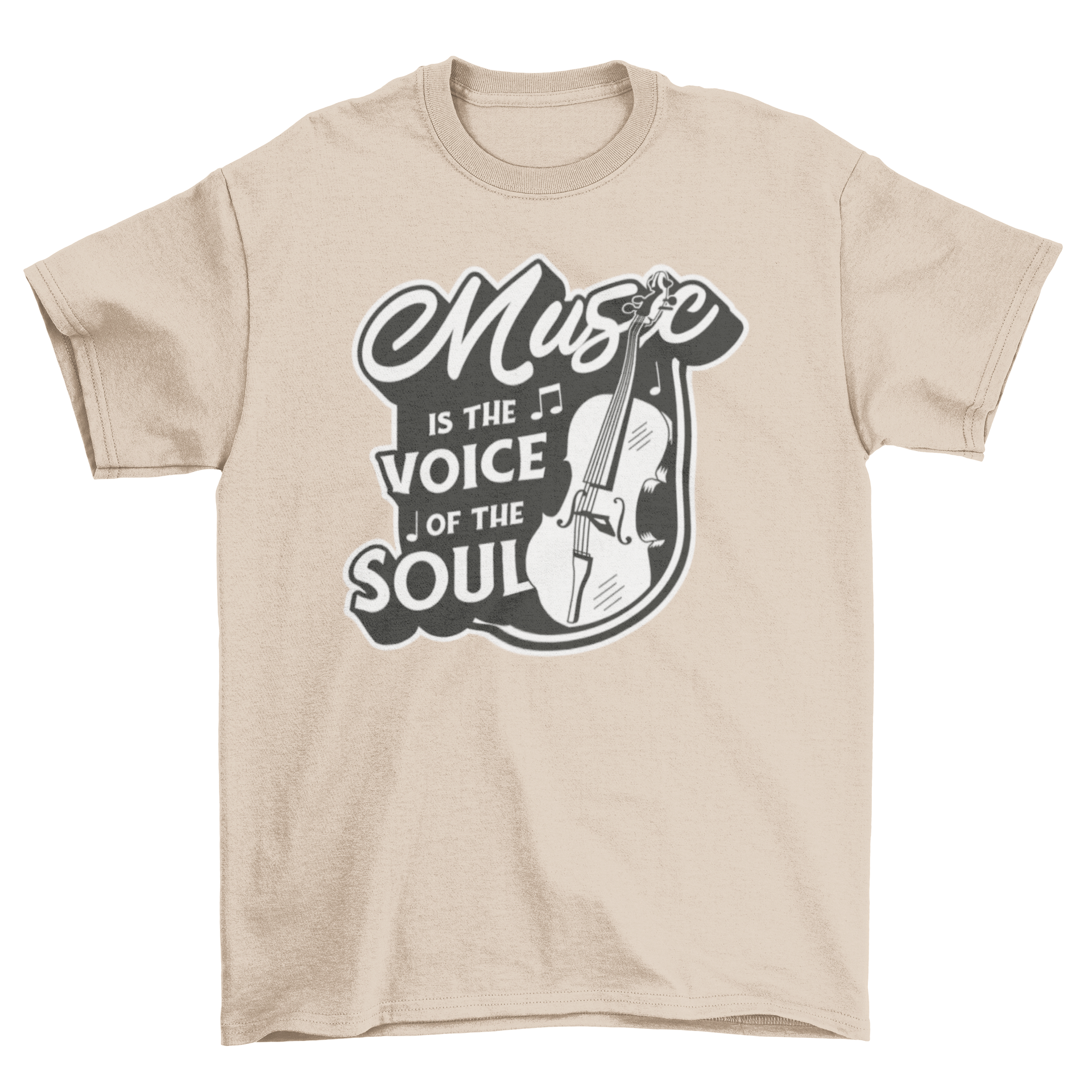 A stylish t-shirt featuring a cello graphic and the quote 'Music is the voice of the soul'.