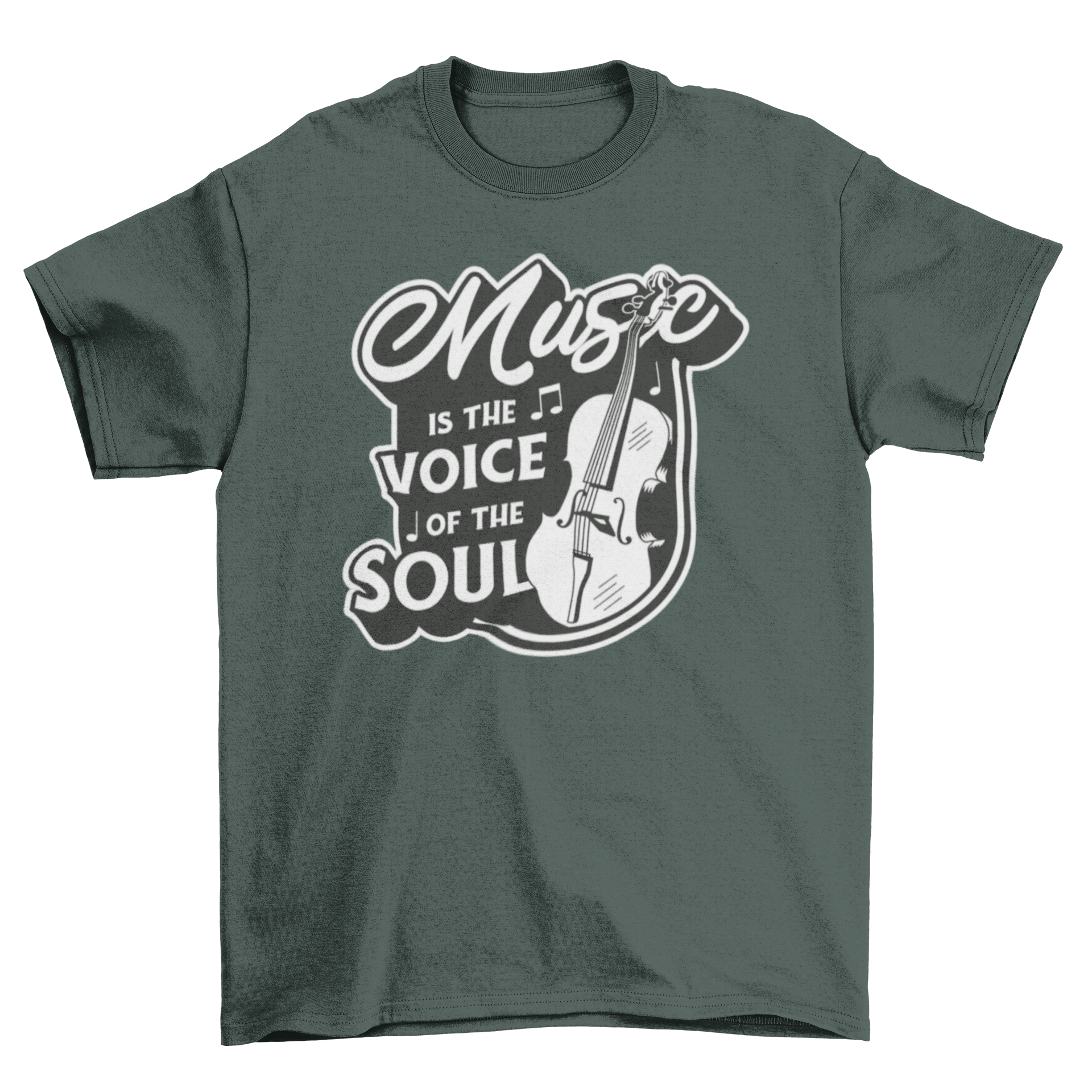 A stylish t-shirt featuring a cello graphic and the quote 'Music is the voice of the soul'.