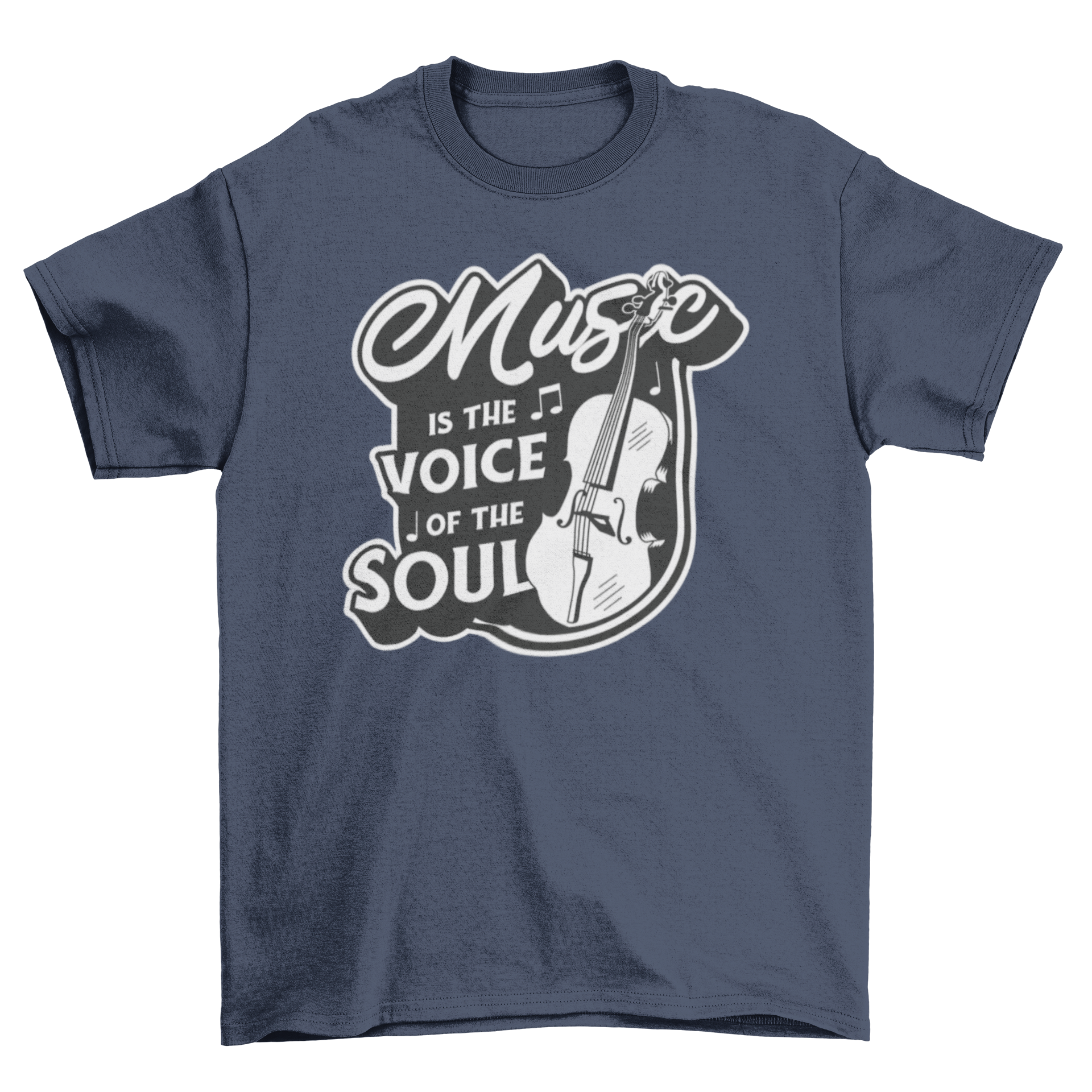 A stylish t-shirt featuring a cello graphic and the quote 'Music is the voice of the soul'.