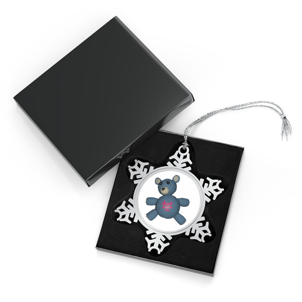 CG Bear Pewter Snowflake Ornament with silver-toned hanging string, showcasing intricate snowflake design and high-quality pewter finish.