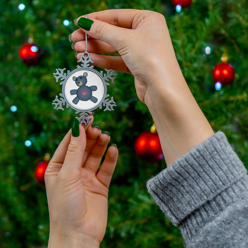 CG Bear Pewter Snowflake Ornament with silver-toned hanging string, showcasing intricate snowflake design and high-quality pewter finish.