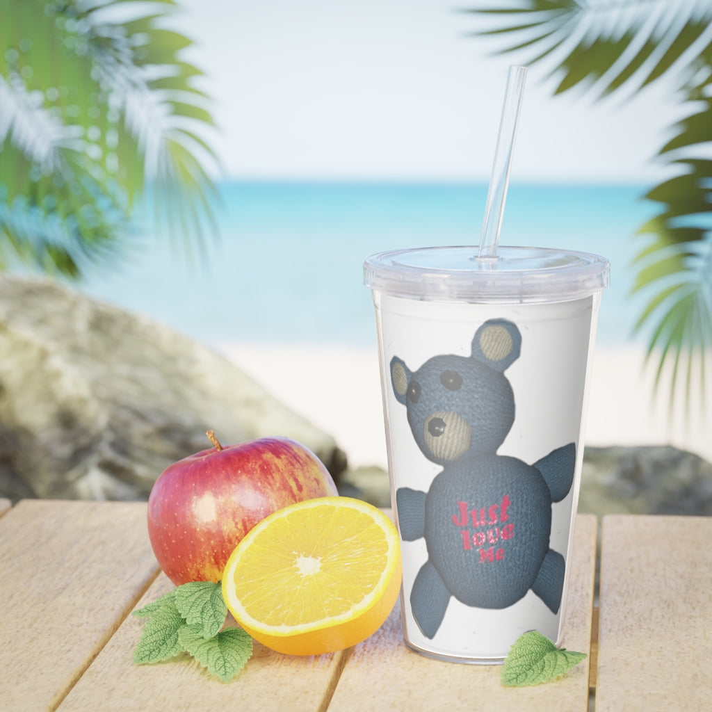 CG Bear Plastic Tumbler with Straw, featuring a customizable design and double wall insulation, perfect for parties and gatherings.