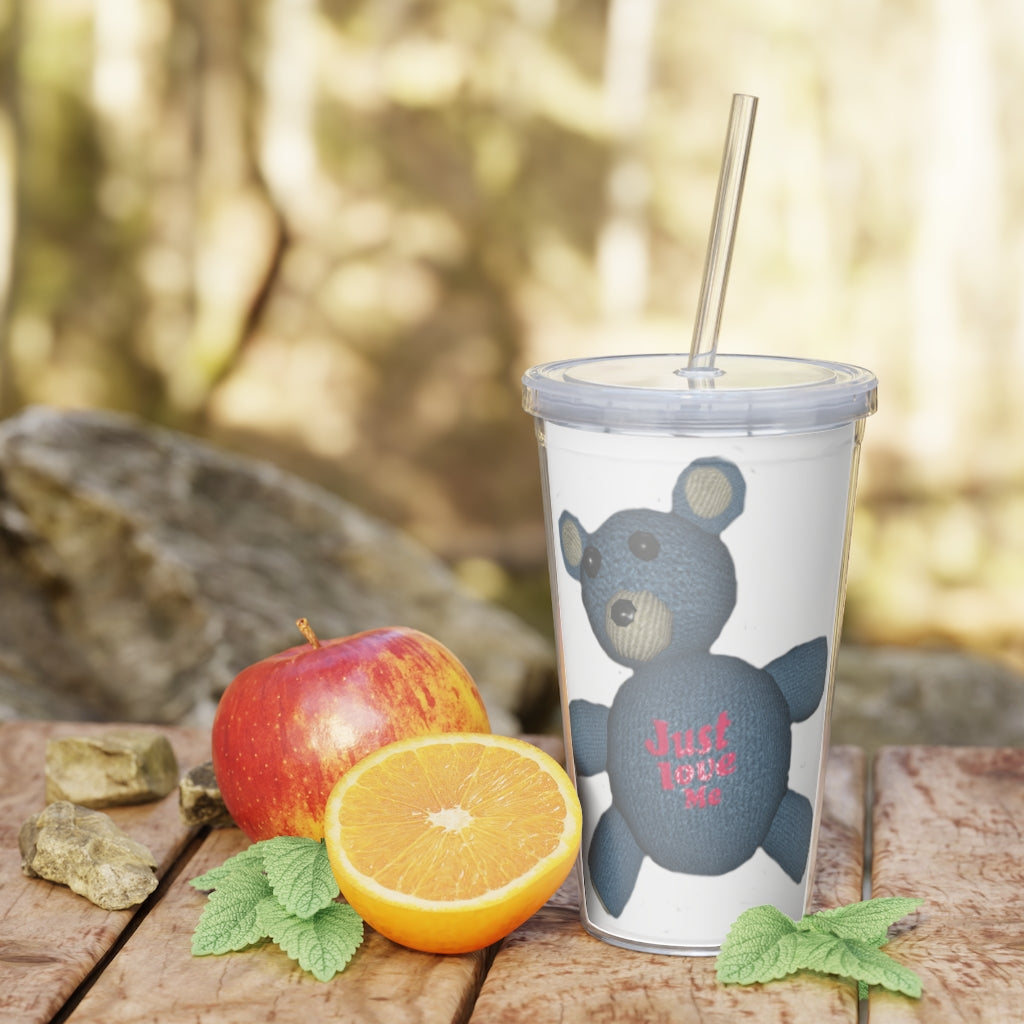 CG Bear Plastic Tumbler with Straw, featuring a customizable design and double wall insulation, perfect for parties and gatherings.