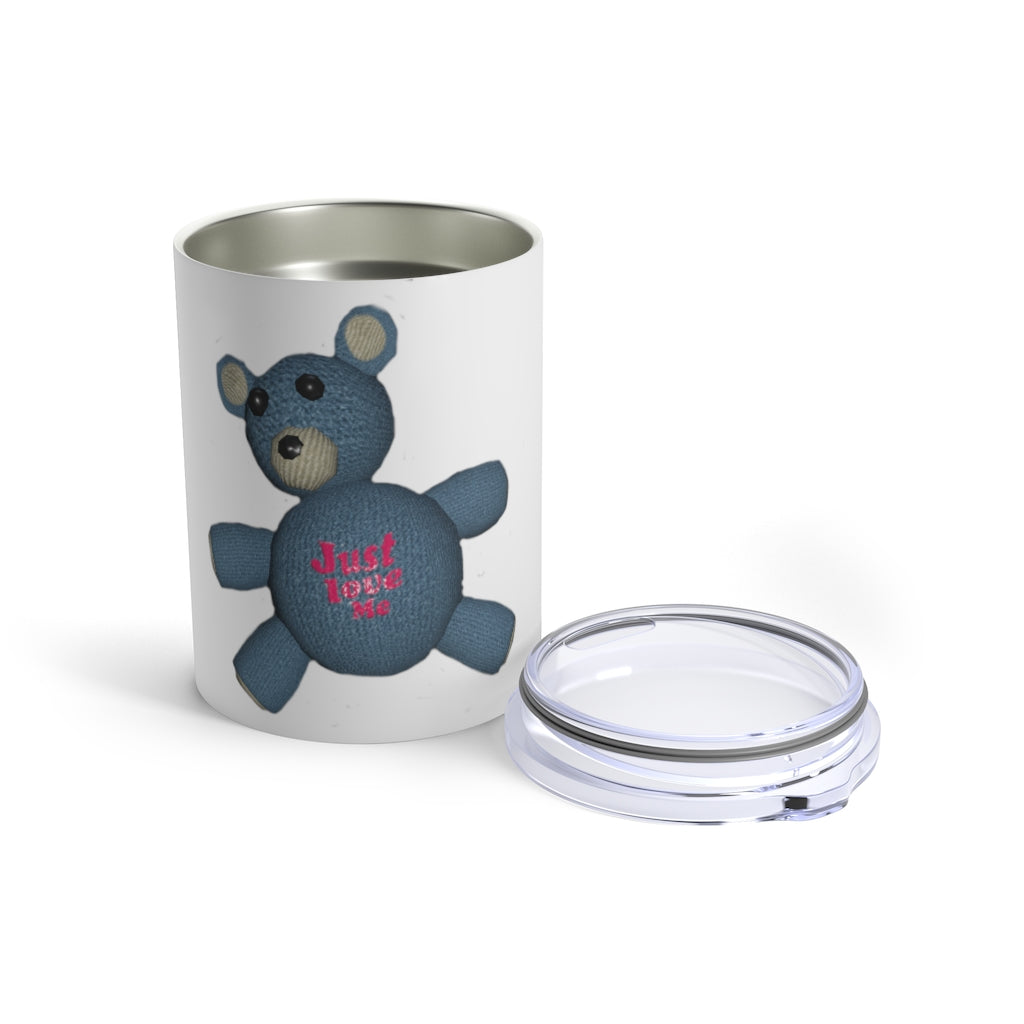 CG Bear Tumbler 10oz in stainless steel with a see-thru plastic lid, showcasing its sleek design and rounded corners.