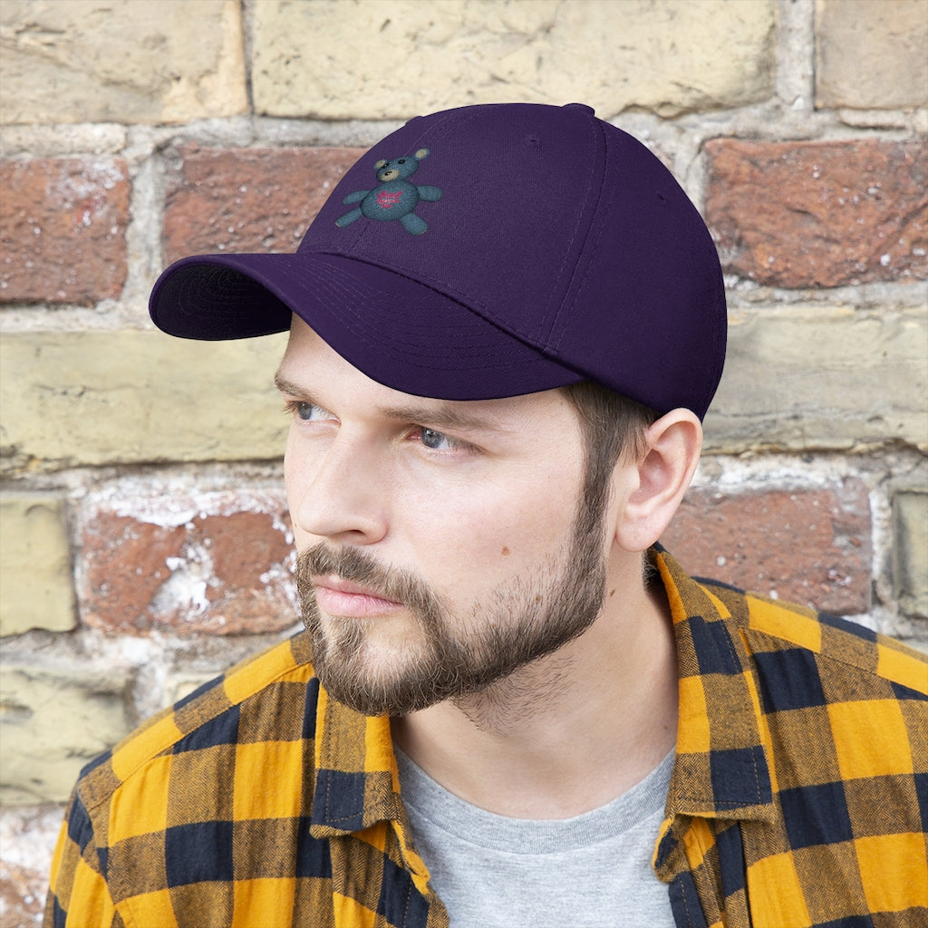 CG Bear Unisex Twill Hat in cotton twill fabric, featuring a classic 6-panel design and adjustable Velcro closure, perfect for outdoor activities.