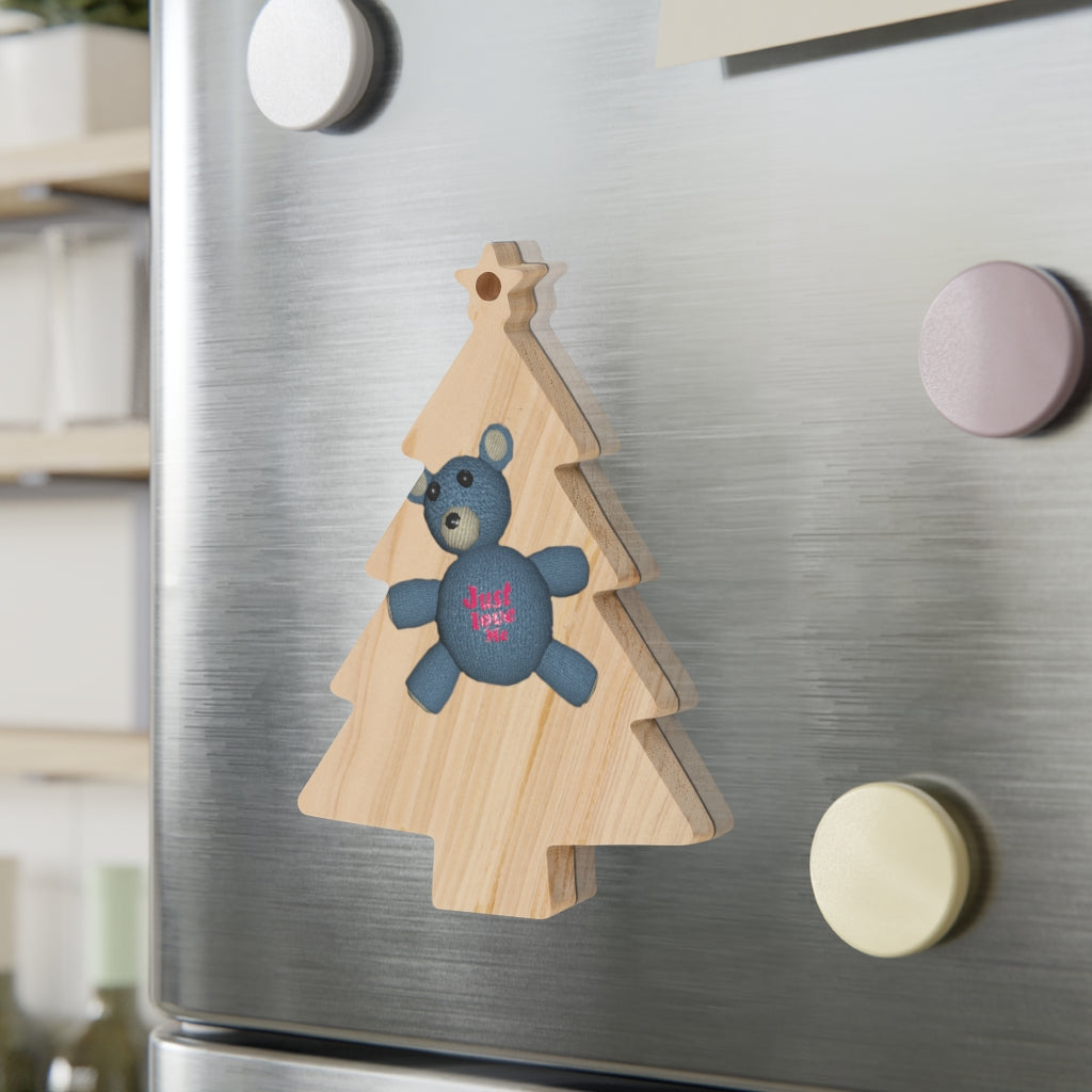 CG Bear Wooden Christmas Ornaments in various whimsical shapes, featuring a rustic wooden finish and red ribbons for hanging.