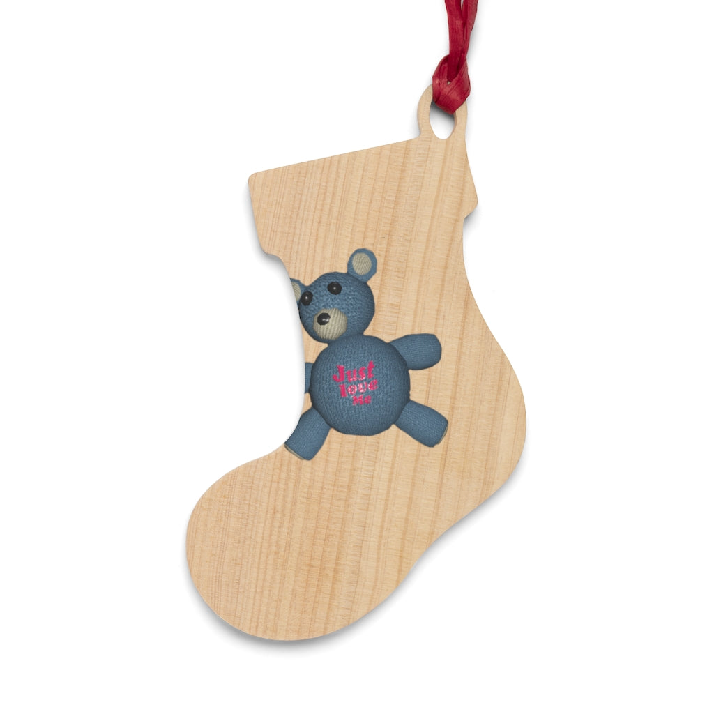 CG Bear Wooden Christmas Ornaments in various whimsical shapes, featuring a rustic wooden finish and red ribbons for hanging.