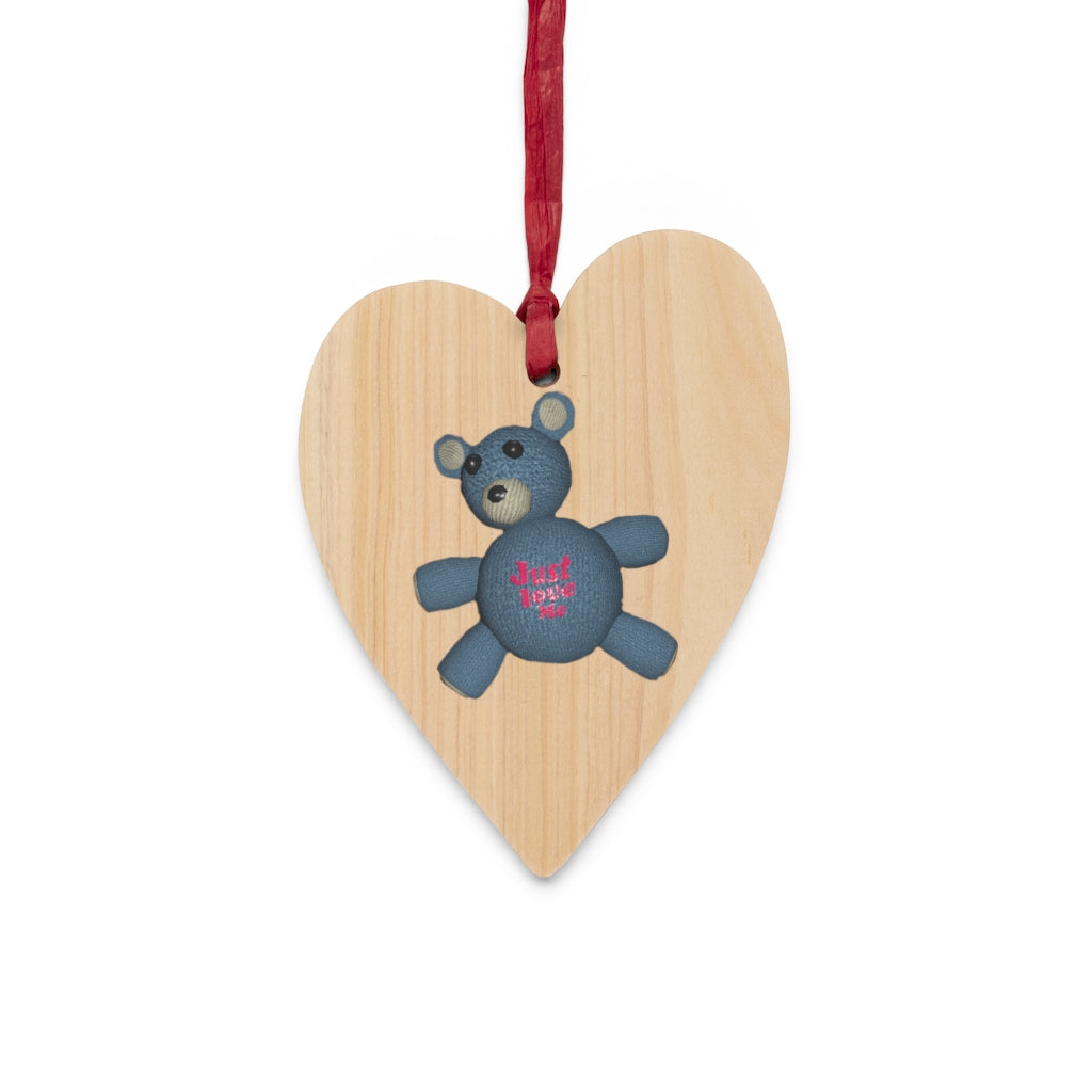 CG Bear Wooden Christmas Ornaments in various whimsical shapes, featuring a rustic wooden finish and red ribbons for hanging.