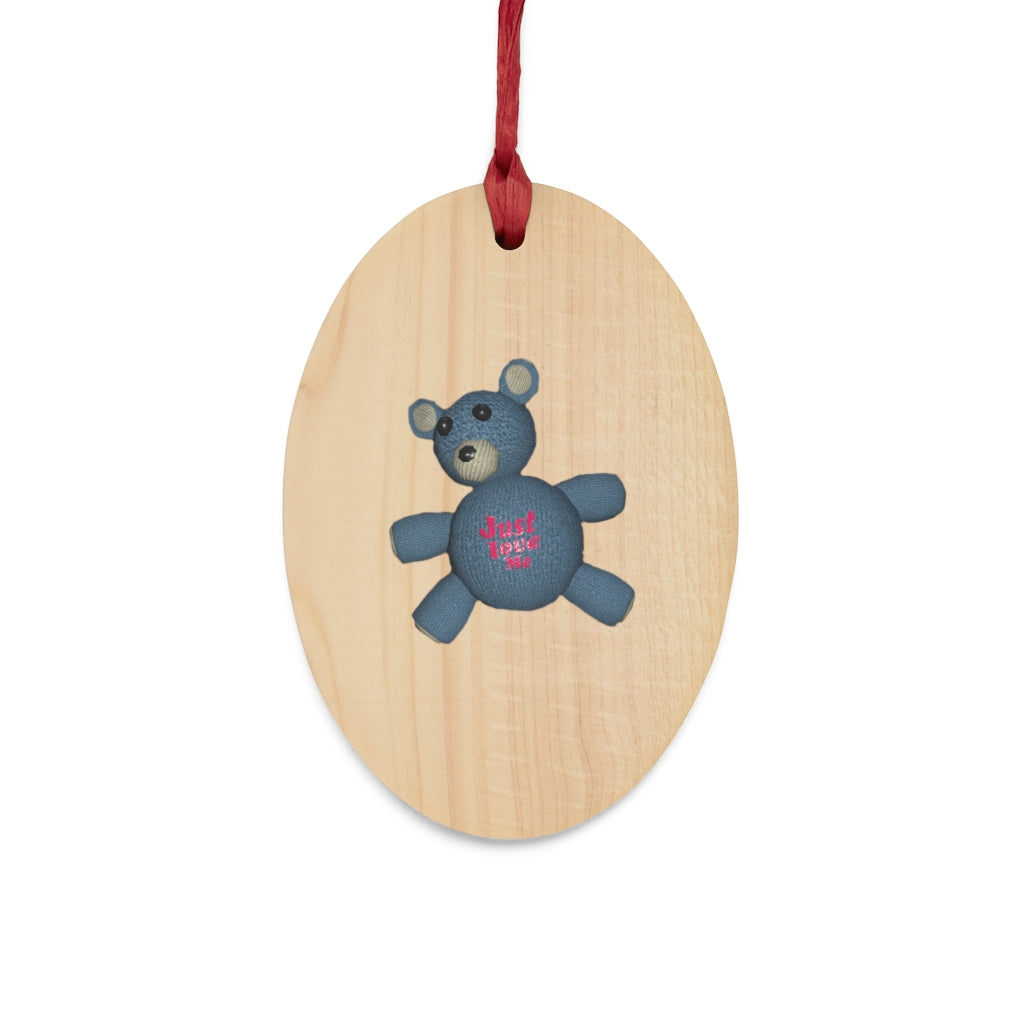 CG Bear Wooden Christmas Ornaments in various whimsical shapes, featuring a rustic wooden finish and red ribbons for hanging.