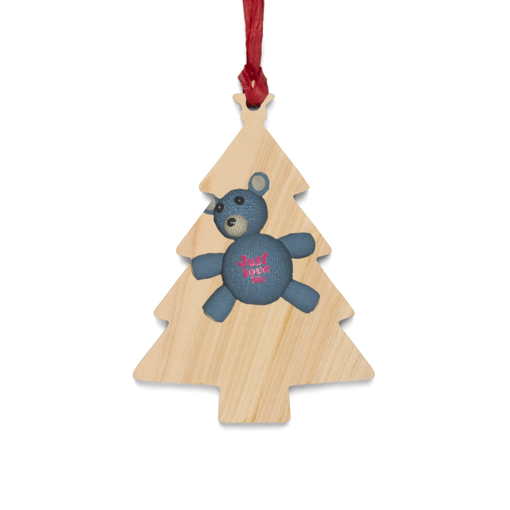 CG Bear Wooden Christmas Ornaments in various whimsical shapes, featuring a rustic wooden finish and red ribbons for hanging.