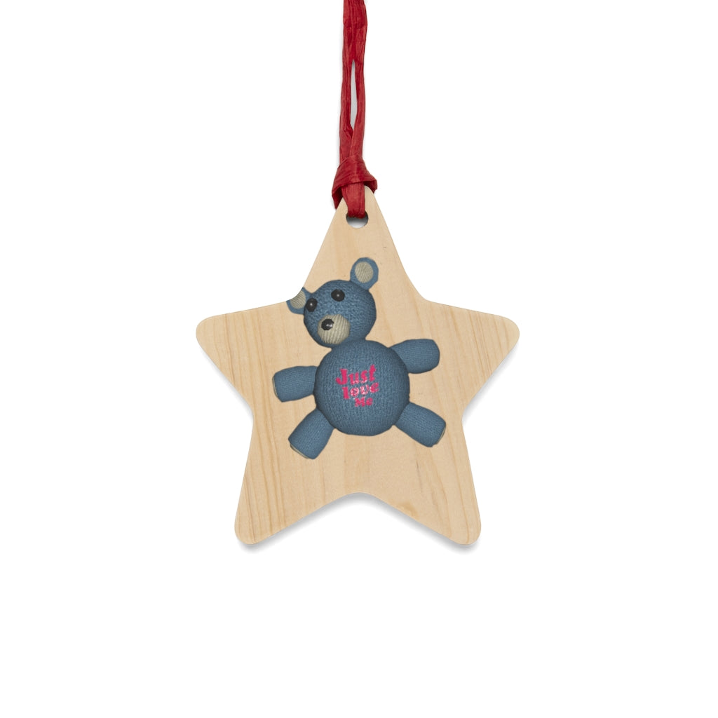 CG Bear Wooden Christmas Ornaments in various whimsical shapes, featuring a rustic wooden finish and red ribbons for hanging.