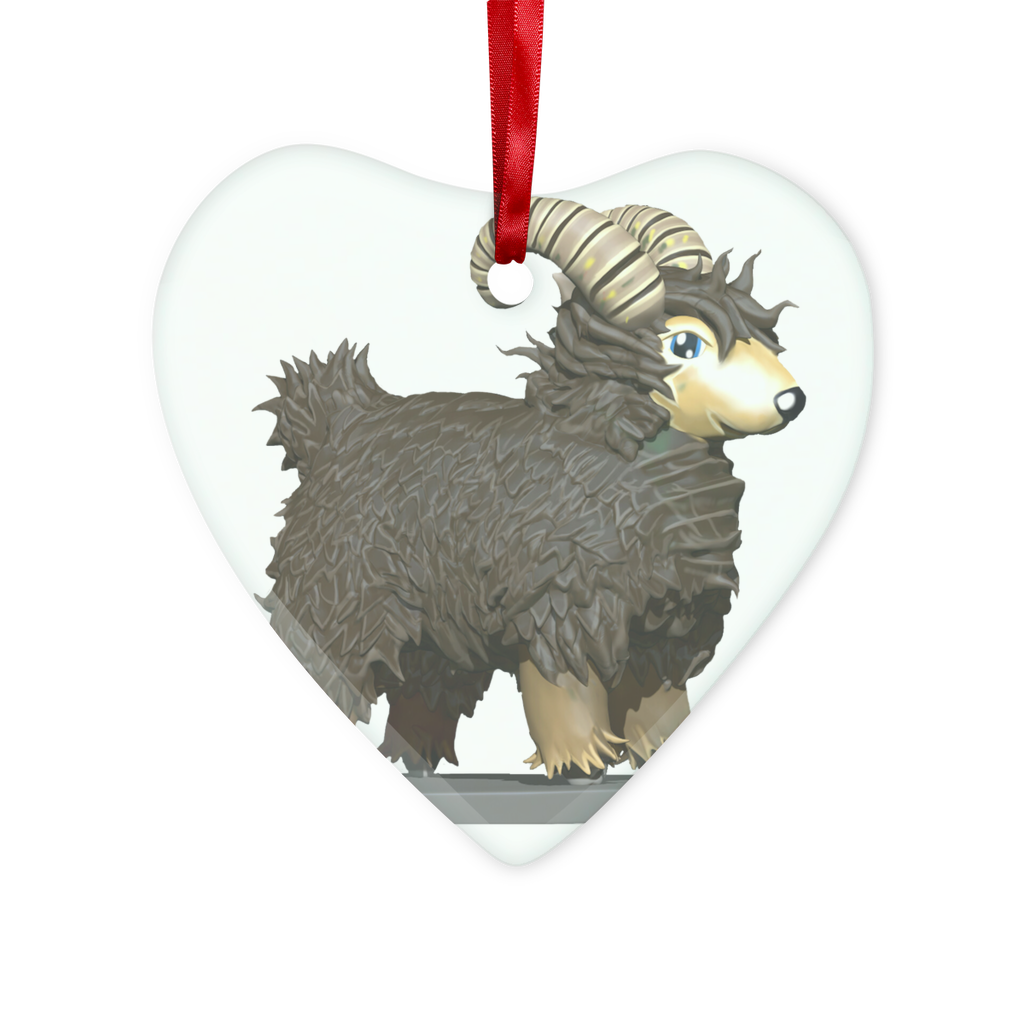 CG Brown Sheep Glass Hanging Ornament in round and heart shapes, featuring a red ribbon and gold string for hanging.