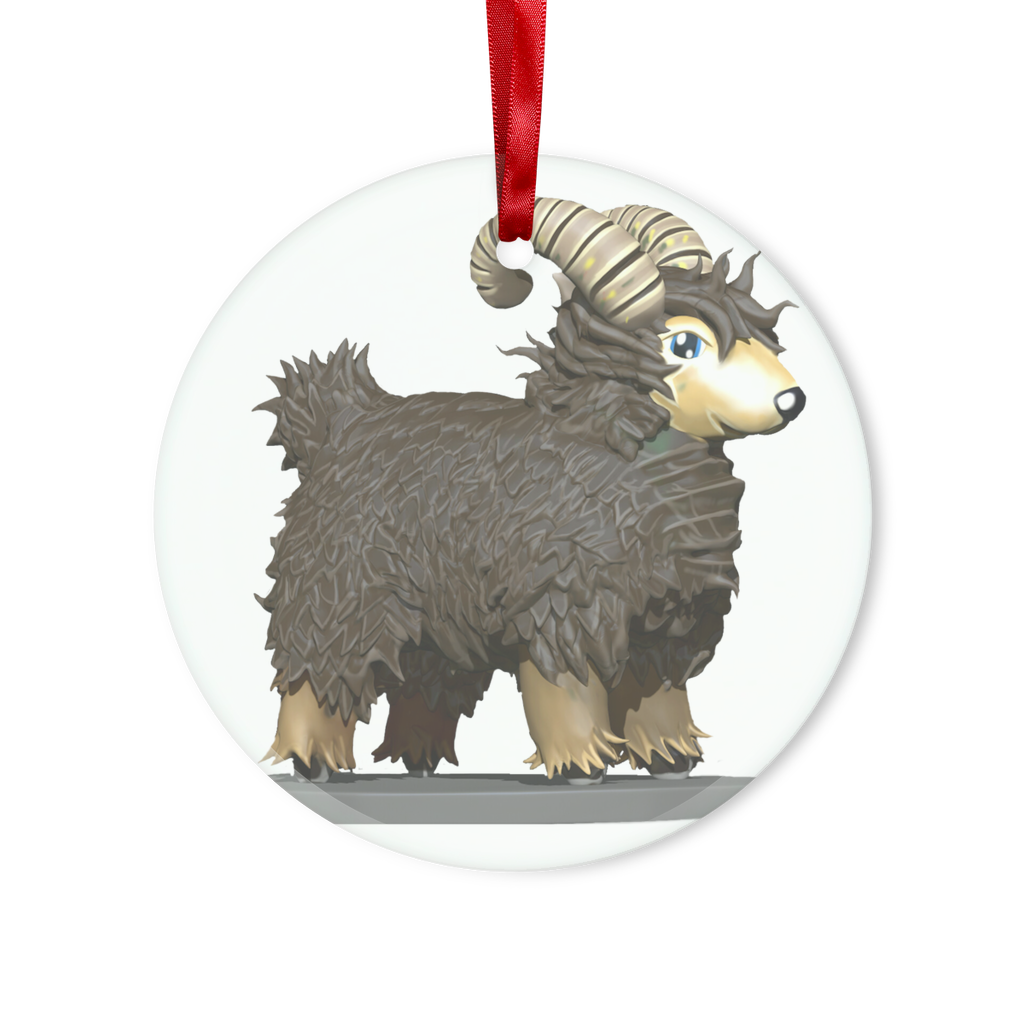 CG Brown Sheep Glass Hanging Ornament in round and heart shapes, featuring a red ribbon and gold string for hanging.