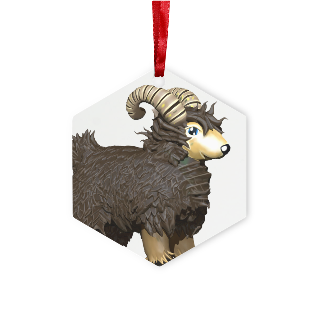 CG Brown Sheep Metal Hanging Ornament in hexagon and star shapes, featuring a red ribbon and gold string, elegantly displayed in a white box.