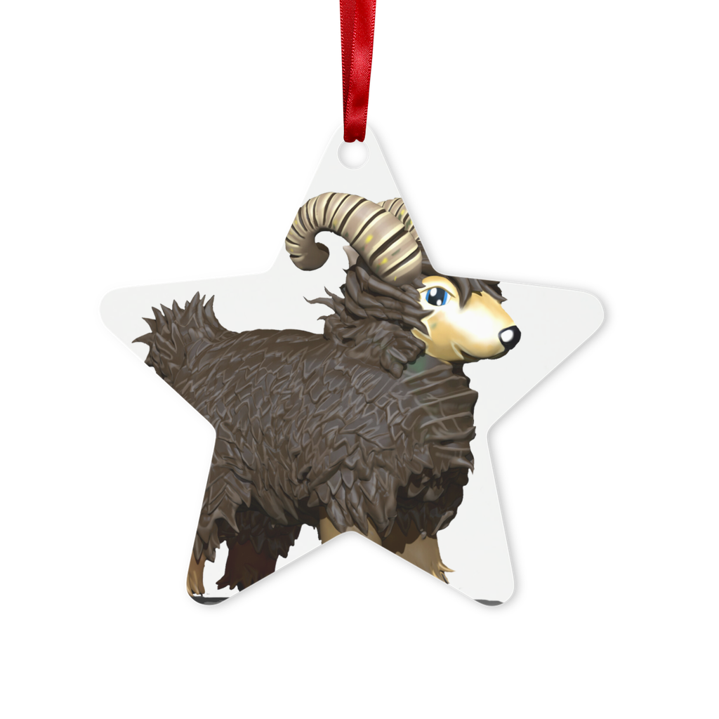 CG Brown Sheep Metal Hanging Ornament in hexagon and star shapes, featuring a red ribbon and gold string, elegantly displayed in a white box.