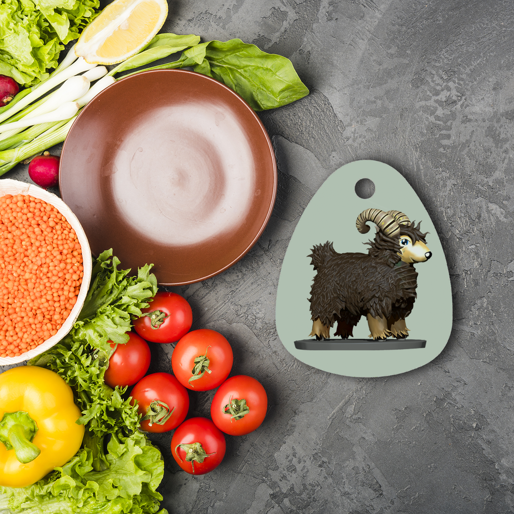 CG Brown Sheep Sublimation Glass Cutting Board with a water droplet shape, featuring a smooth surface for custom designs and four rubber feet for stability.