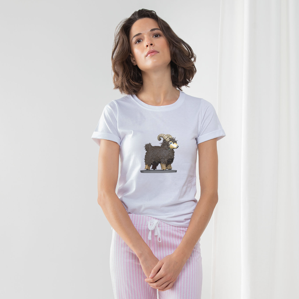 CG Brown Sheep Women's Long Pant Pyjama Set featuring a white t-shirt with turn-up cuffs, heather grey or light pink striped pants, and a matching drawcord bag.