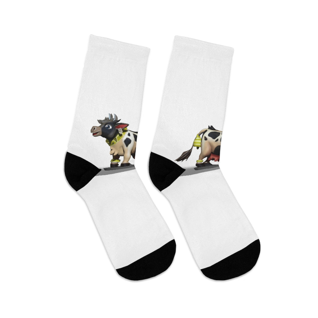 A pair of CG Cow DTG Socks featuring a vibrant design, made from a blend of recycled materials, showcasing their 200 needle knit quality.